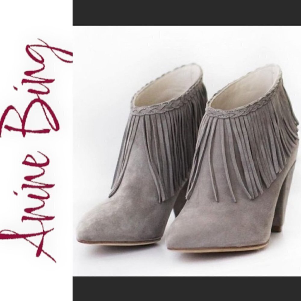 ANINE BING Irmelin Gray Suede Fringe‎ Ankle Bootie, Size 37